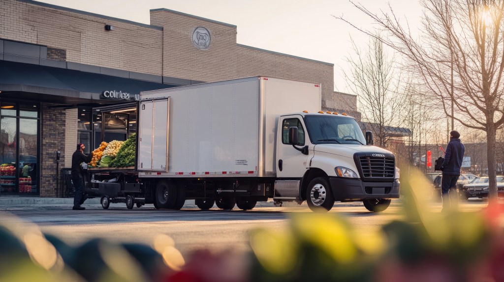 delivery truck unloading produce grocery store